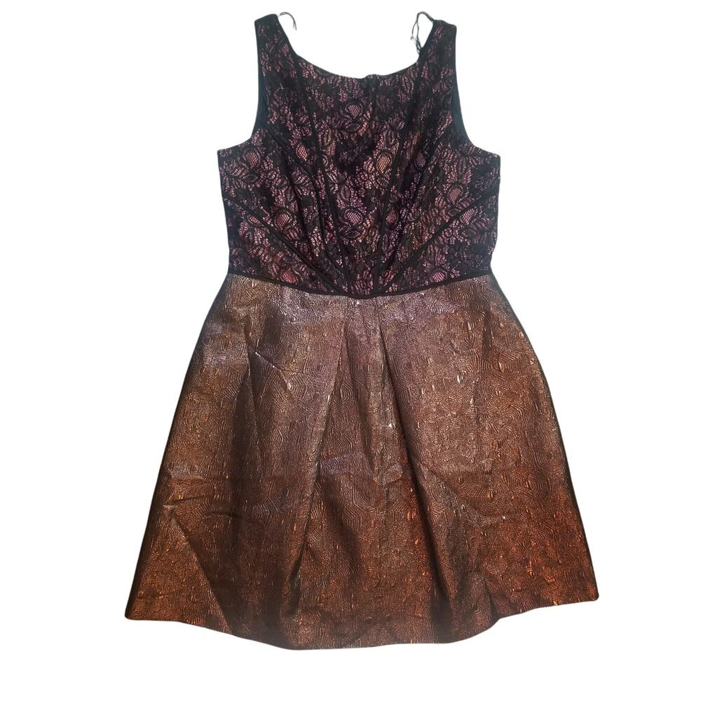 New Lovely By Adrianna Papell Metallic Rose Black Lace Brocade Dress Sz 12